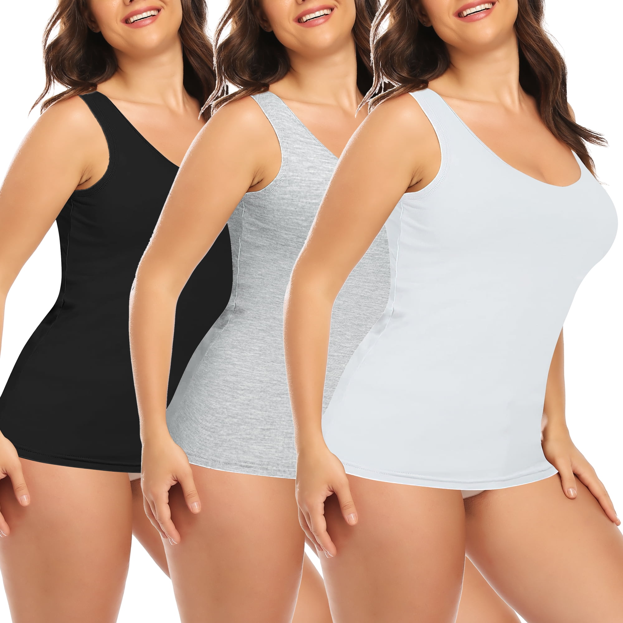 QRIC 3 Pack Women Comfy Tank Tops with Shelf Bra Tanks for Layering  Undershirts Wide Strap Basic Cami 