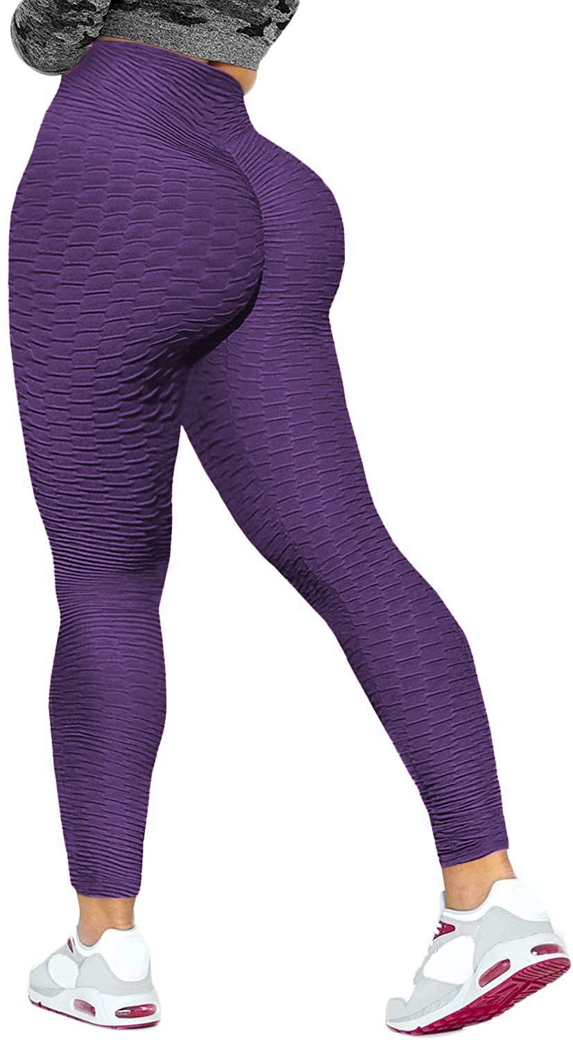 Feinuhan Women's High Waisted Yoga Pants Tummy Control Booty Leggings  Workout Running Butt Lift Tights, Purple, Large 