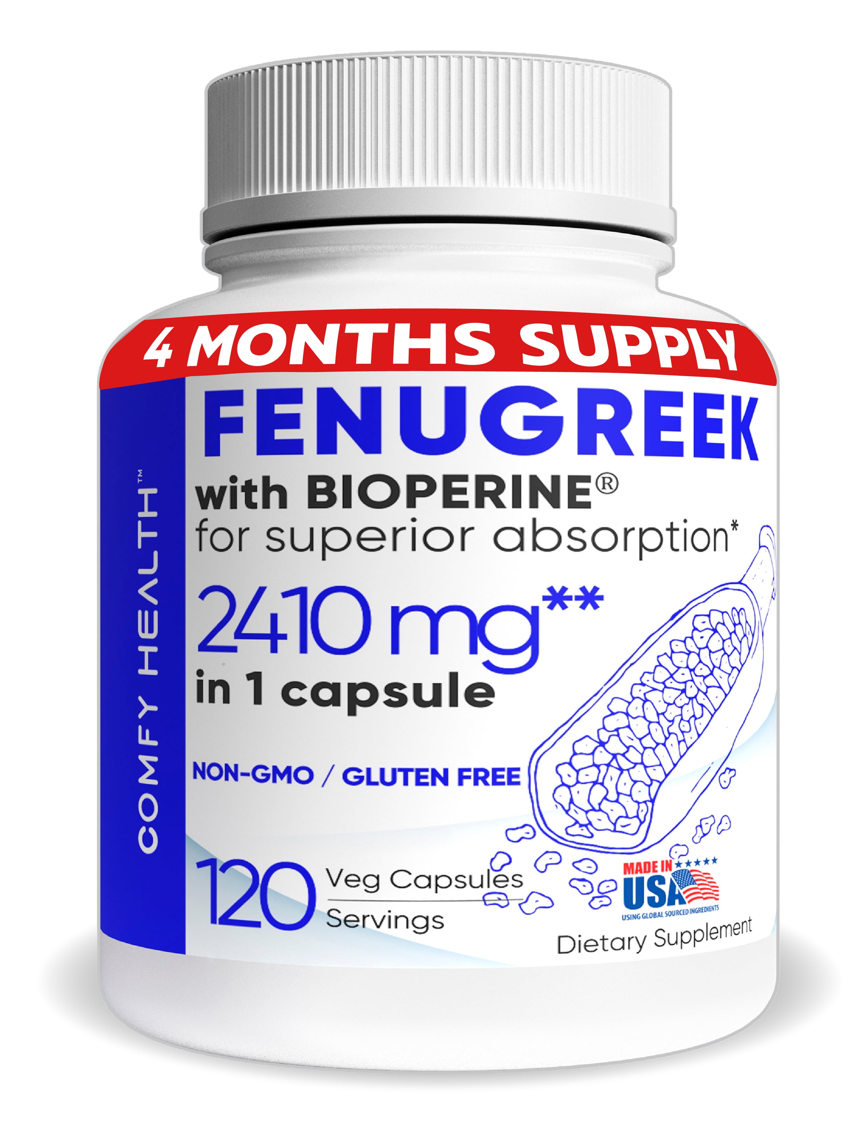 COMFY HEALTH Max Strength Fenugreek & BioPerine Capsules, 2410mg, 120