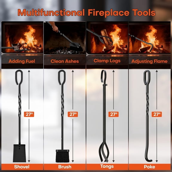 COMFYHOME Fireplace Tools 5 Pcs, 32-Inch Wrought Iron Fireplace Tools Set with Ergonomic Handle, Fire Poker, Tong, Shovel, Brush, Stand for Outdoor Indoor Fire Pit, Modern Fireplace Kit, Black