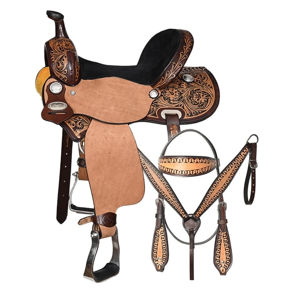 COMFYTACK Western Horse Barrel Racing American Leather Saddle Floral Carved & Tack Set Dark Brown