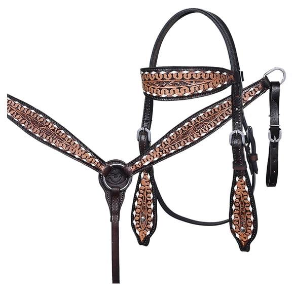 Comfytack Western Horse Headstall Breast Collar Hand Tooled Genuine American Leather Tack Dark Brown