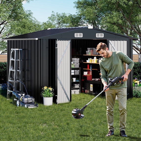 COMHOMA Metal Shed 10 x 8 ft. Outdoor Storage Shed with Lockable Door and Air Vent Metal Garden Shed,Gray