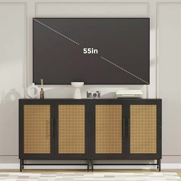 COMHOMA 2 Storage Cabinet with Rattan Doors, Free Standing Buffet Cabinet, Black