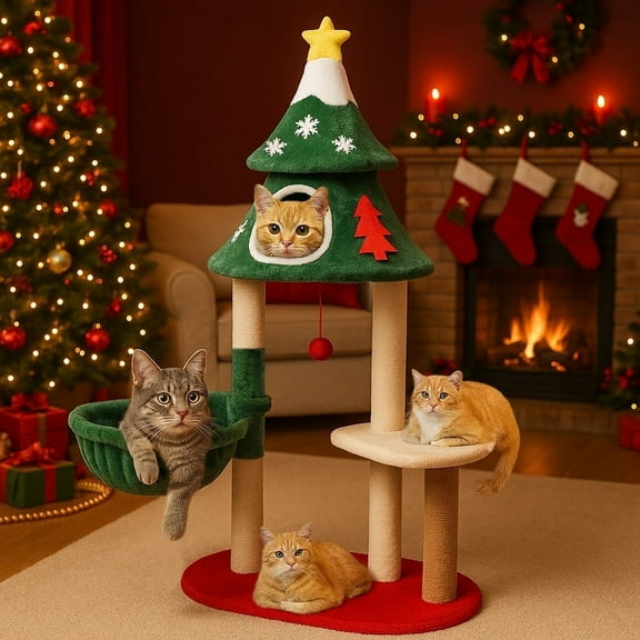 COMHOMA 48.4" Christmas Cat Tree Tower with Hanging Cat Bed, Multi - Level Spaces, Scratching Posts & Toy, Plush Cat Climber for Cats