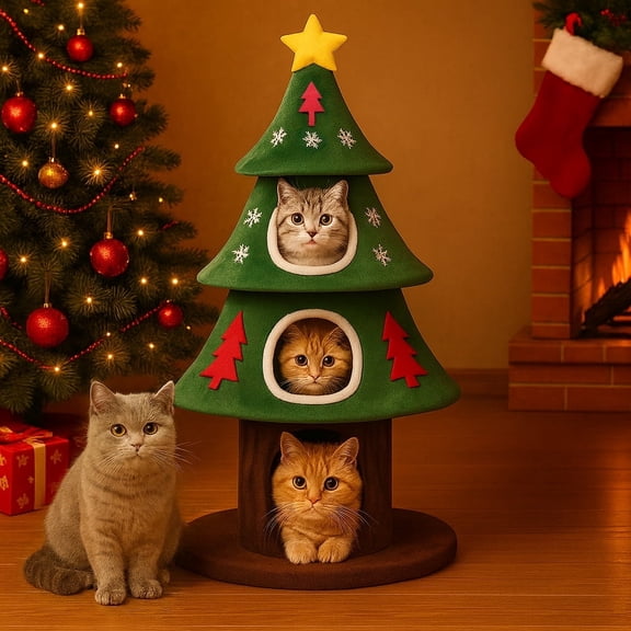COMHOMA 53" Christmas Cat Tree Tower, Multi-Level Cat Condo with 3 Cozy Hideouts & Plush Ball Toy
