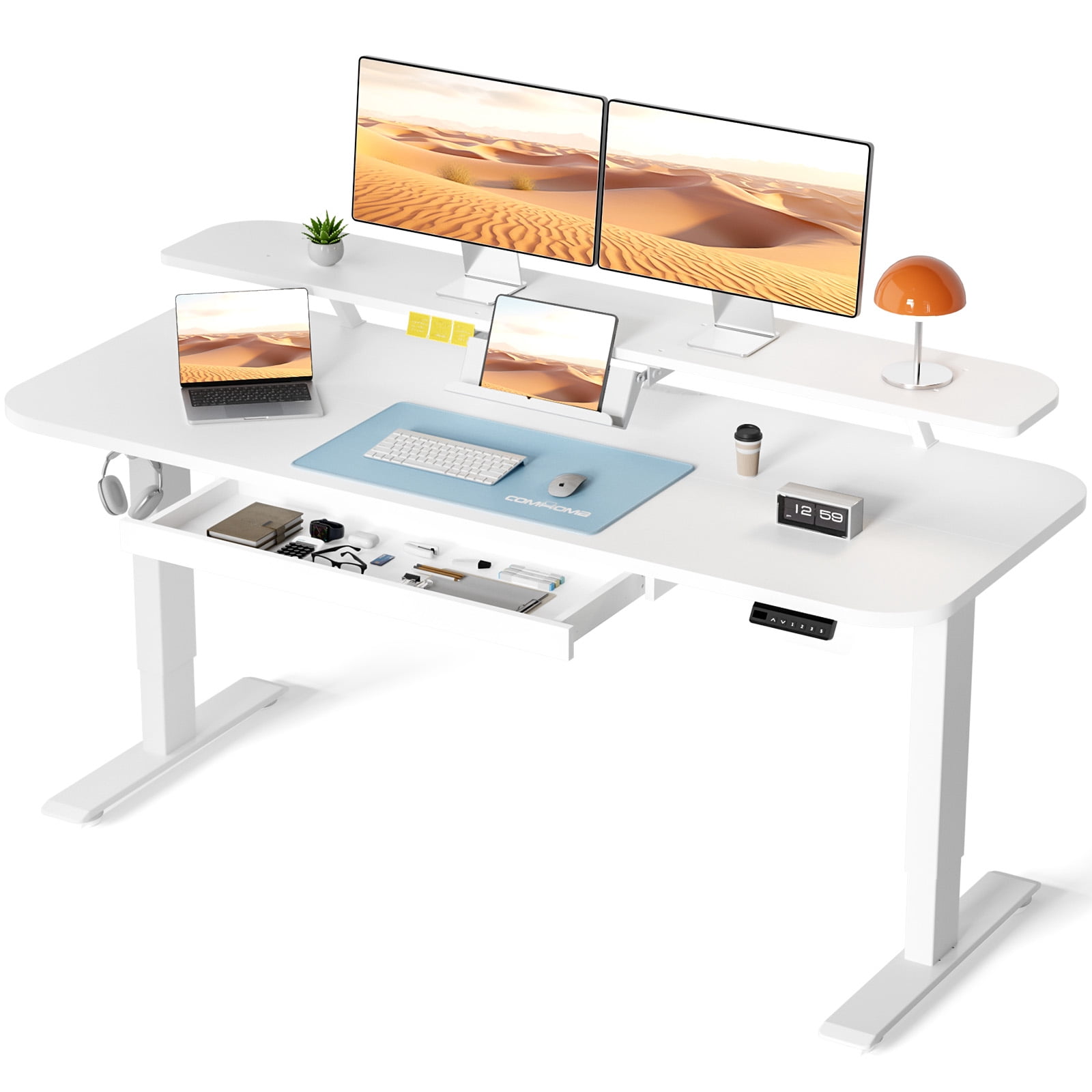 COMHOMA 55 x 24 inch Multifunctional Height Adjustable Desk with Ergonomic Monitor Stand, Spacious Drawer, and Industrial Frame for Smooth Lifting