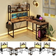 COMHOMA 59" L Shaped Computer Desk with LED Sensor Lights and Power Outlets, Reversible L Shaped Gaming Desk with Storage Bag and Hutch Monitor Stand, Home Office Desk with USB Port