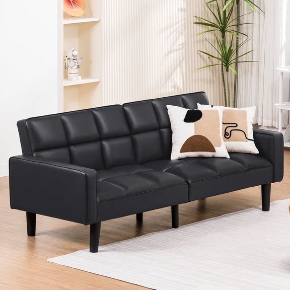 COMHOMA 76" Futon Sofa Bed PU Convertible Sofa with Adjustable Backrest Folding Sleeper Sofa,Black