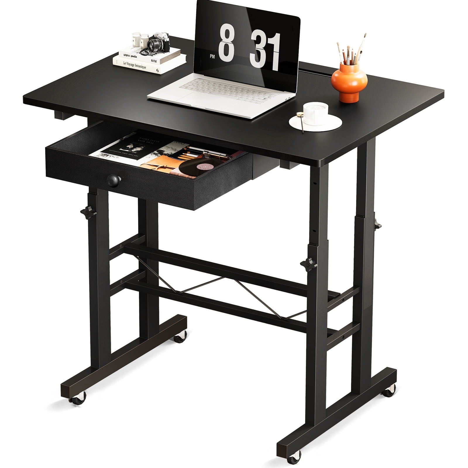 EXRACING Adjustable Height Small Standing Desk, 32" Portable Rolling Laptop Table with Wheels, Mobile Sit-Stand Computer Workstation, Treadmill Desk，Black