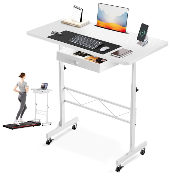EXRACING Adjustable Standing Desk, 32" Portable Rolling Laptop Table with Wheels, Small Sit-Stand Computer Workstation,White