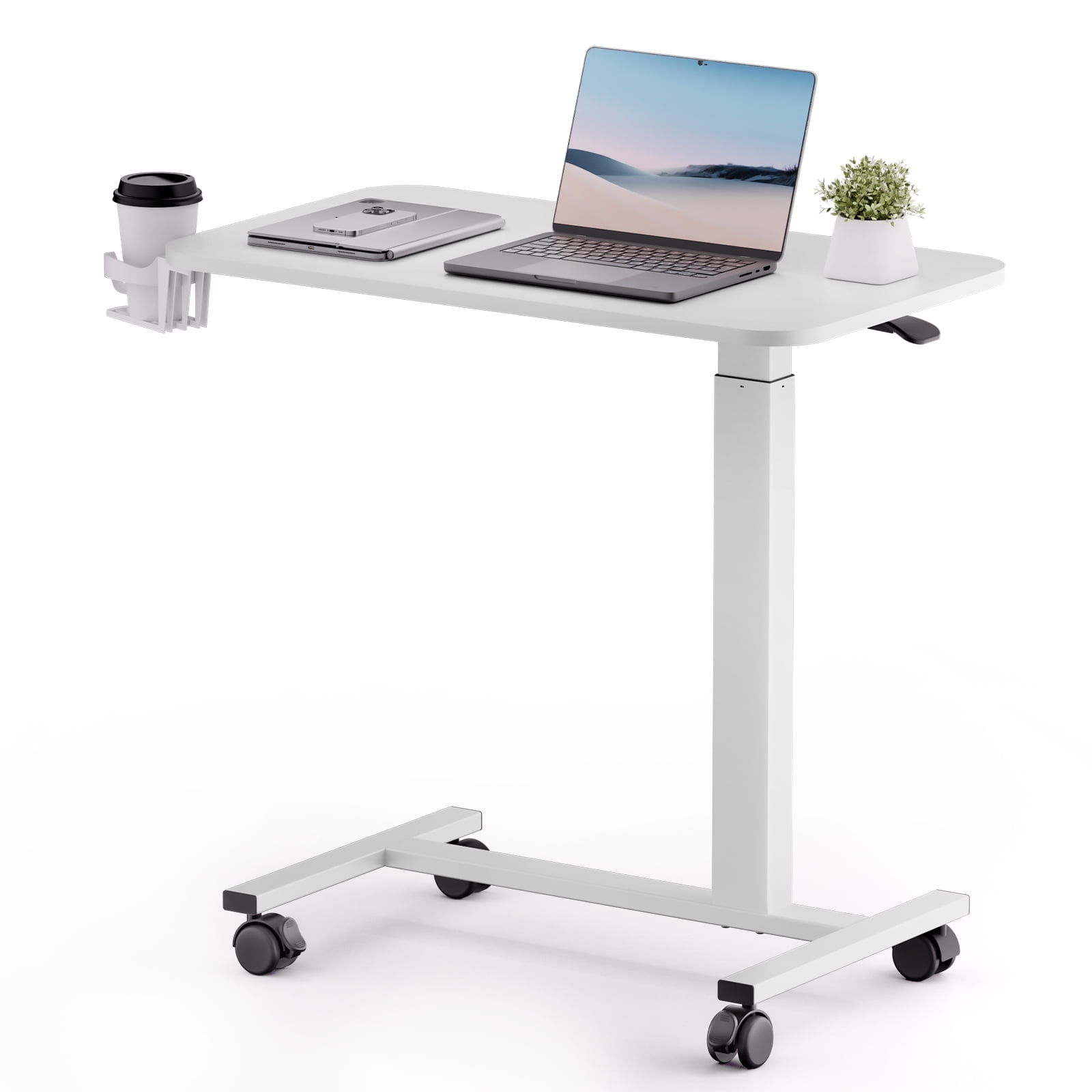COMHOMA Adjustable Overbed Bedside Table with Lockable Wheels, Pneumatic Mobile Standing Laptop Desk, Small Standing Desk Portable Rolling Overbed Table Hospital Home Use, White