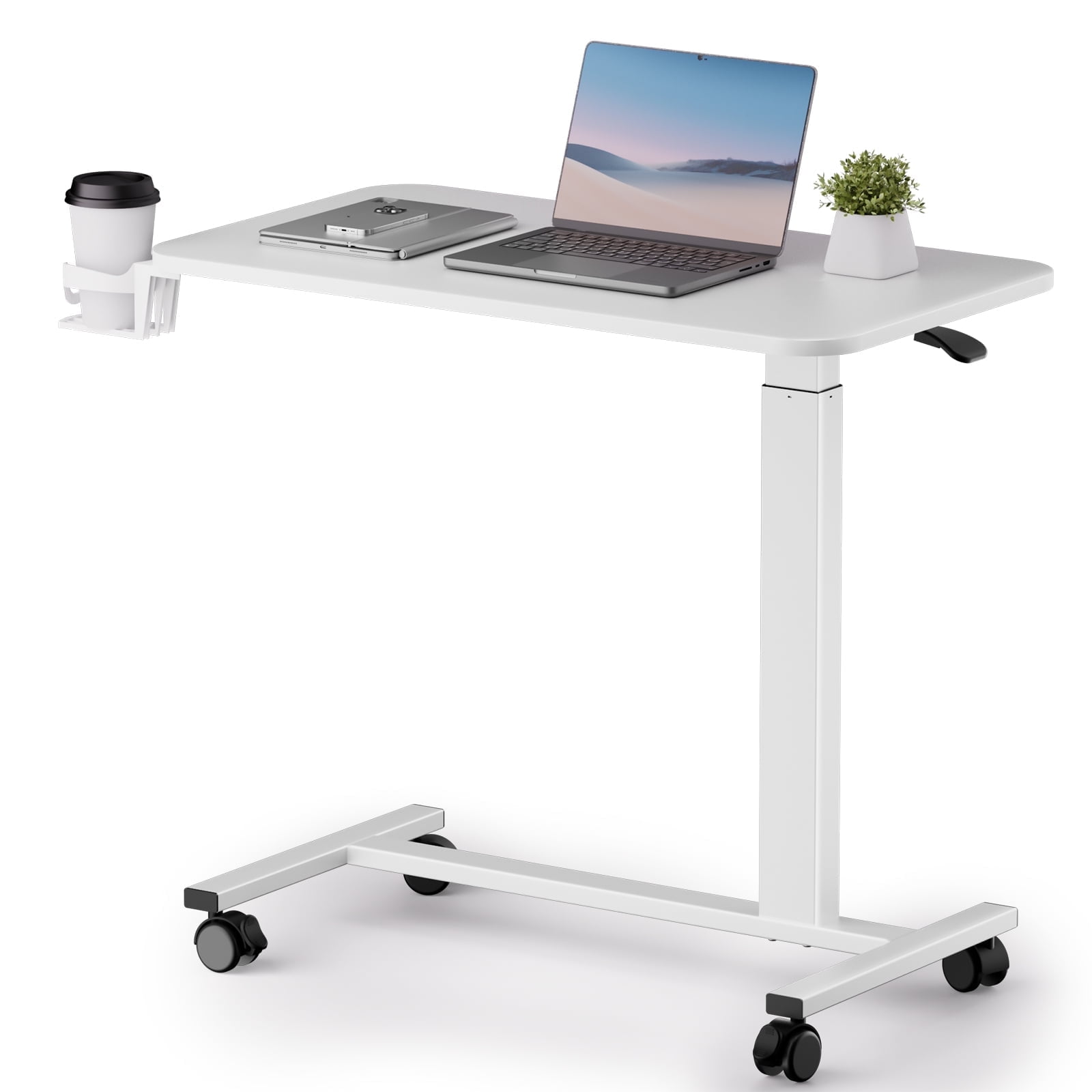 COMHOMA Adjustable Overbed Bedside Table with Lockable Wheels, 32"  x 18" Pneumatic Mobile Standing Laptop Desk, Small Standing Desk Portable Rolling Overbed Table Hospital Home Use, White