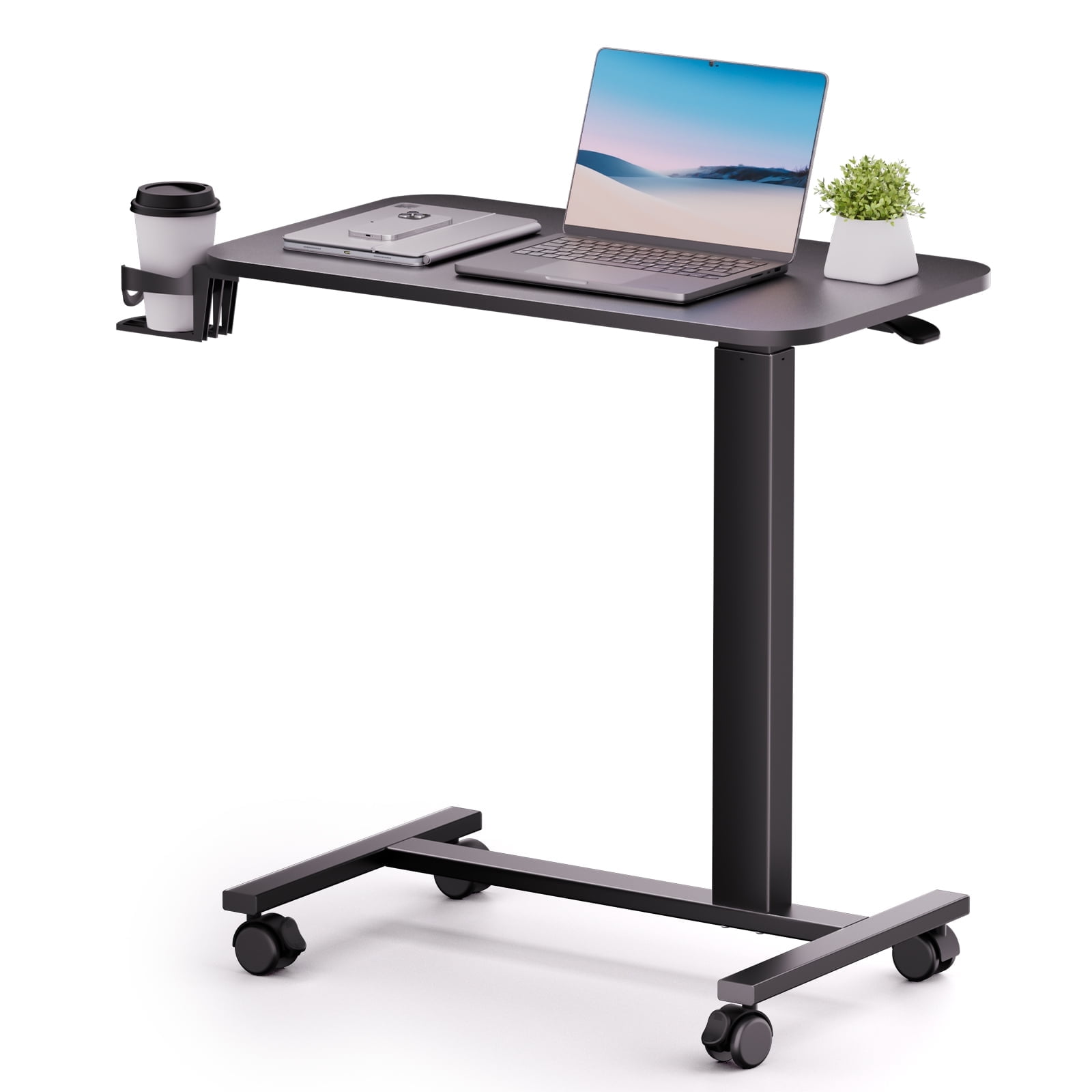 COMHOMA Adjustable Overbed Bedside Table with Lockable Wheels, Pneumatic Mobile Standing Laptop Desk, Small Standing Desk Portable Rolling Overbed Table Hospital Home Use, Black