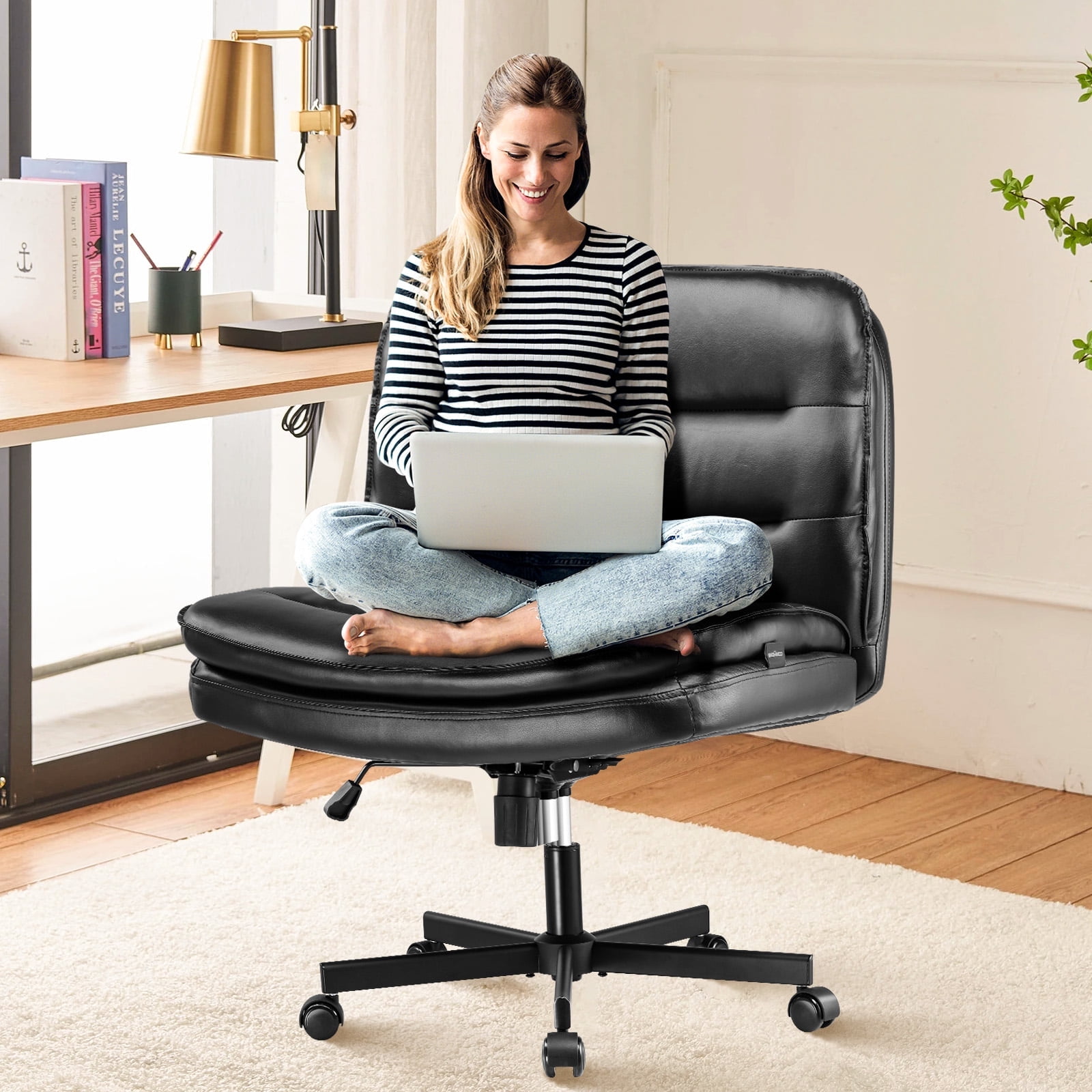 COMHOMA Armless Office Desk Chair, Criss Cross Swivel Chair with Wheels, Wide Seat Adult Vanity Chair for Home Office , Black