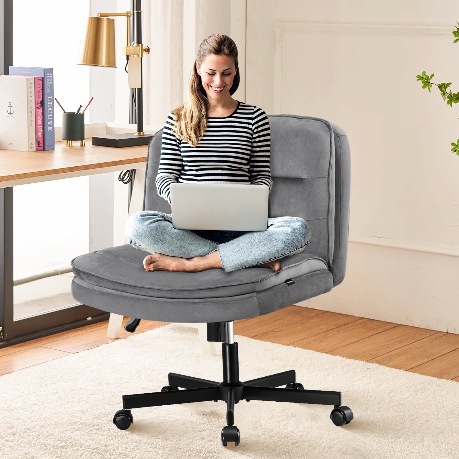 COMHOMA Armless Office Desk Chair, Criss Cross Swivel Chair with Wheels, Wide Seat Adult Vanity Chair for Home Office , Gray