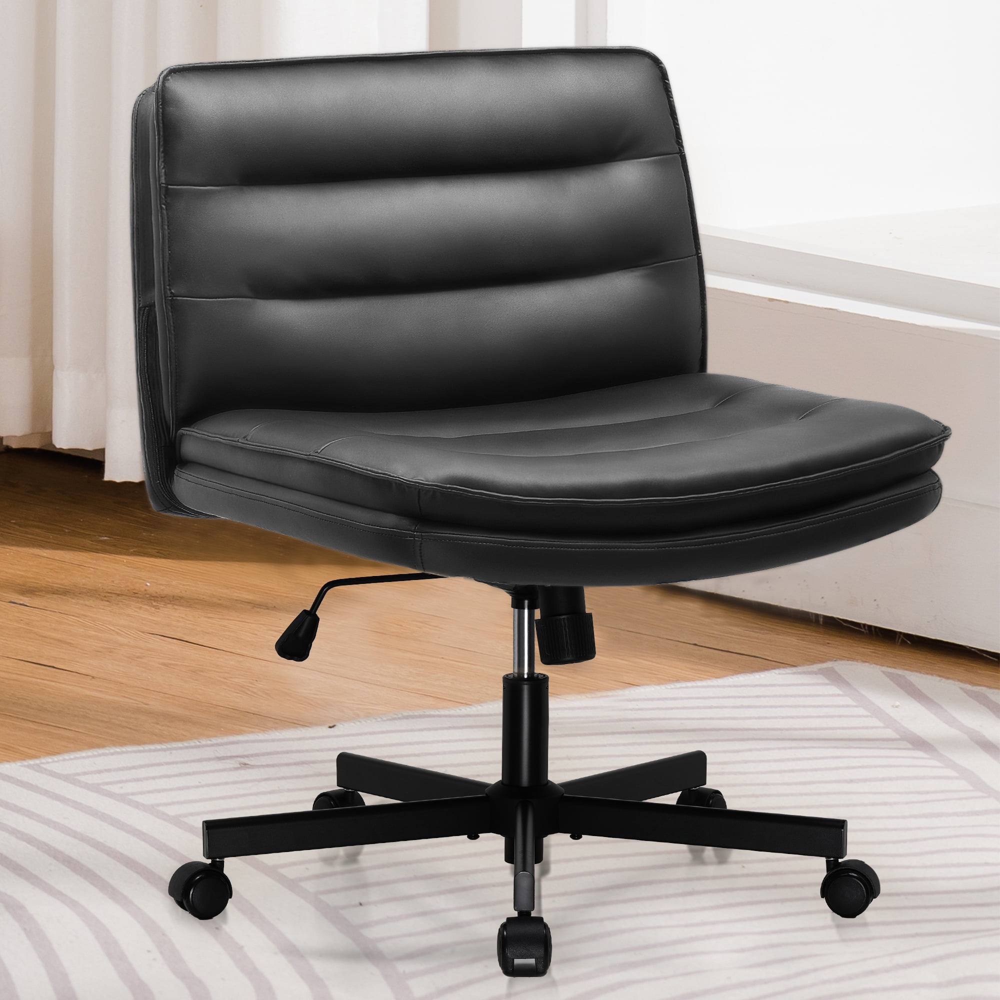COMHOMA Armless Office Desk Chair with Wheels, PU Leather Padded Cross Legged Office Chair