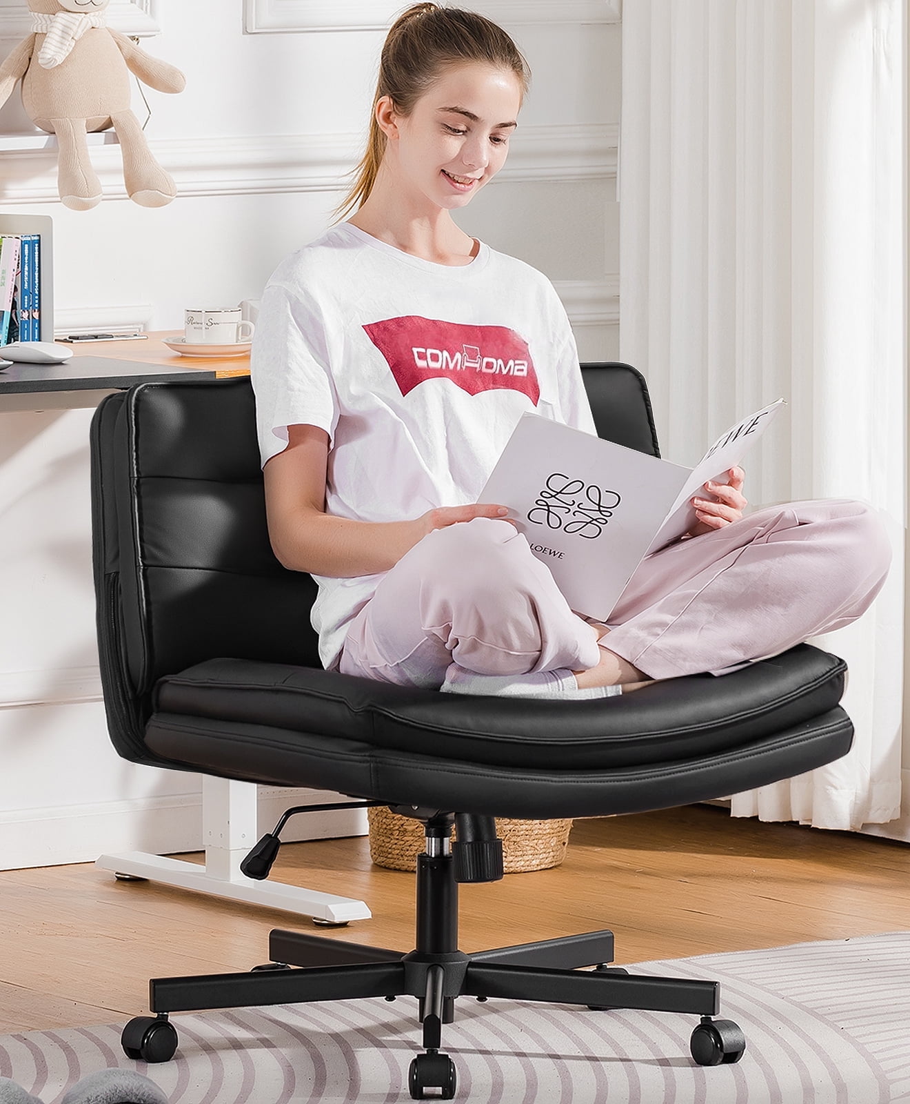 COMHOMA Armless Desk Chair with Wheels, Black PU Leather COMHOMA Armless Desk Chair with Wheels, Black PU Leather