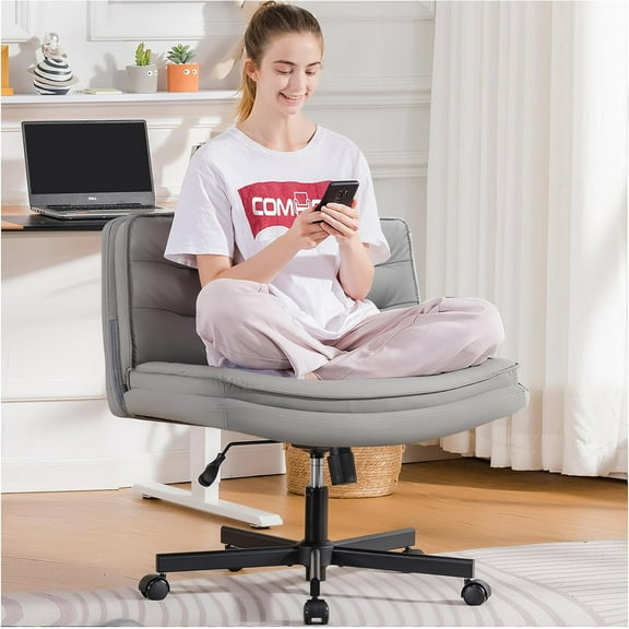 COMHOMA Armless Office Desk Chair with Wheels, PU Leather Padded Cross Legged Office Chair, Modern Swivel Vanity Chair Height Adjustable Wide Seat Computer Task Chair, Gray