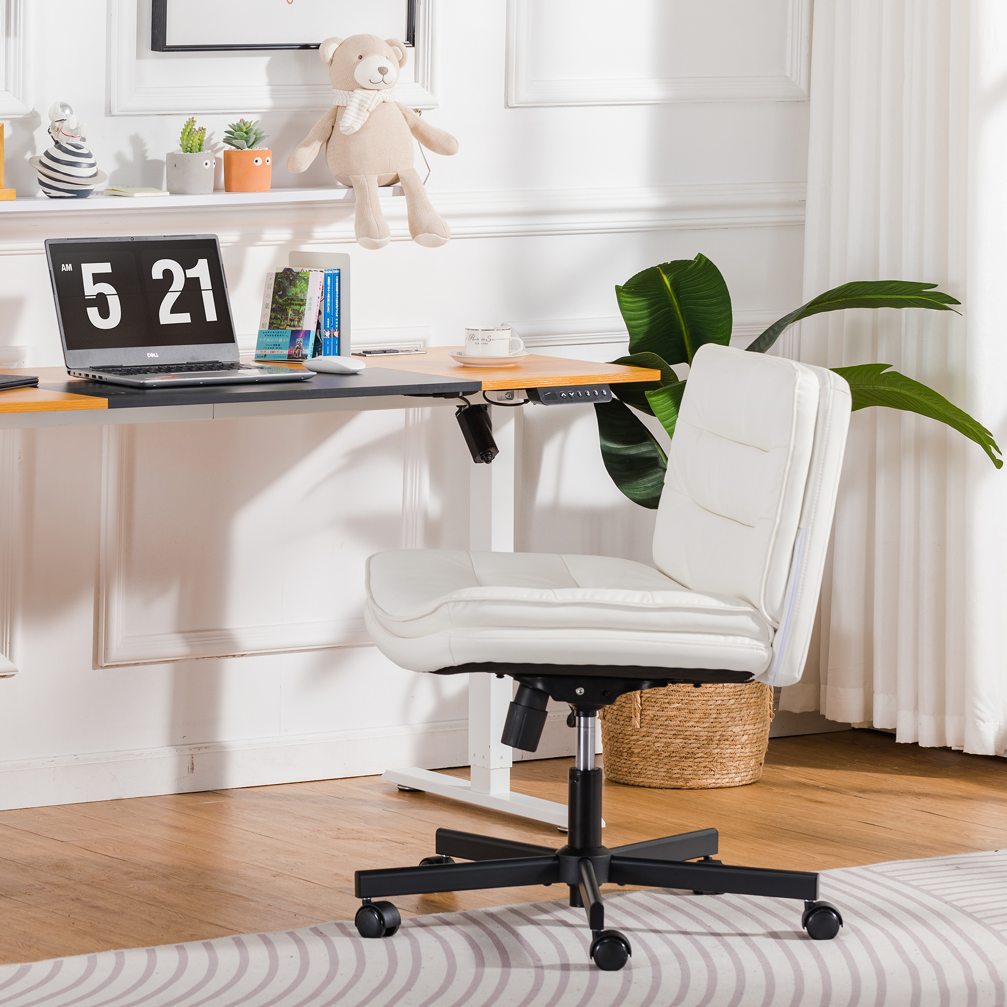 COMHOMA Armless Office Desks Chair with Wheels, PU Padded Cross Legged