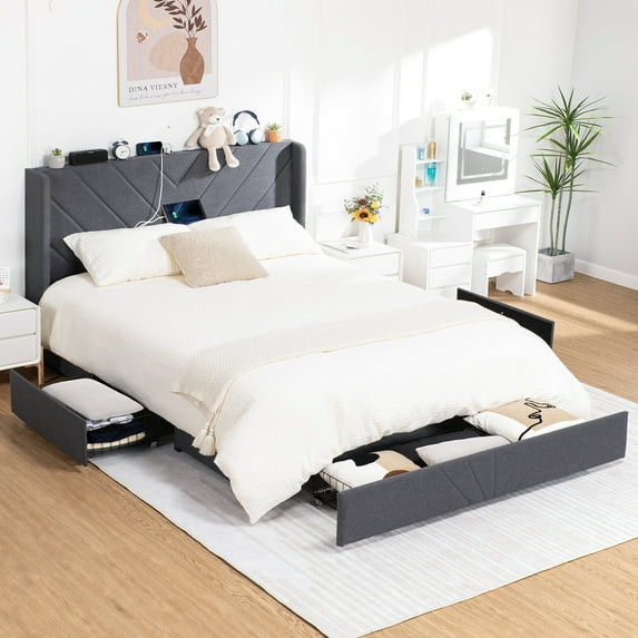 COMHOMA Upholstered Wingback King Platform Bed with Storage Drawers and USB Power, Dark Gray