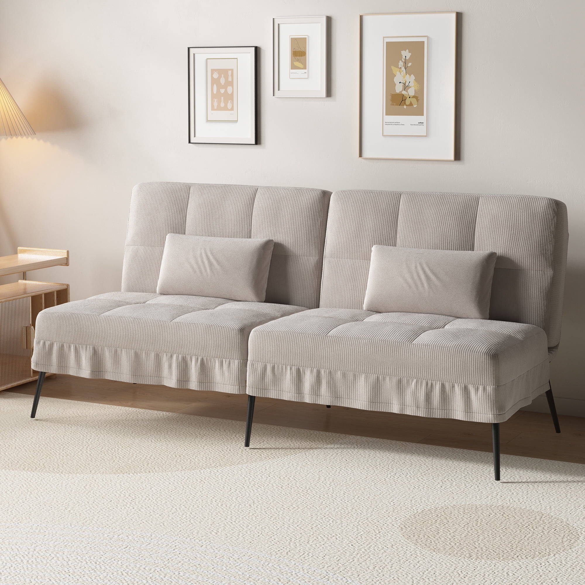 COMHOMA Convertible Futon Sofa Bed Upholstered Futon Couch Corduroy Sleeper Sofa, Cream White