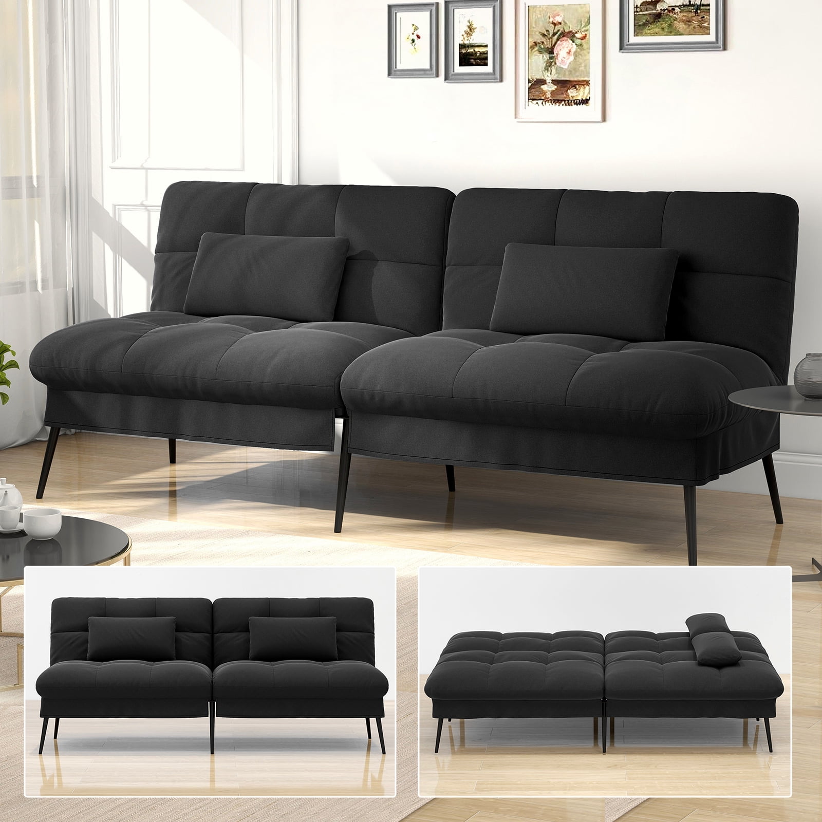 COMHOMA Convertible Futon Sofa Bed Upholstered Futon Couch Fabric Sleeper Sofa, Black