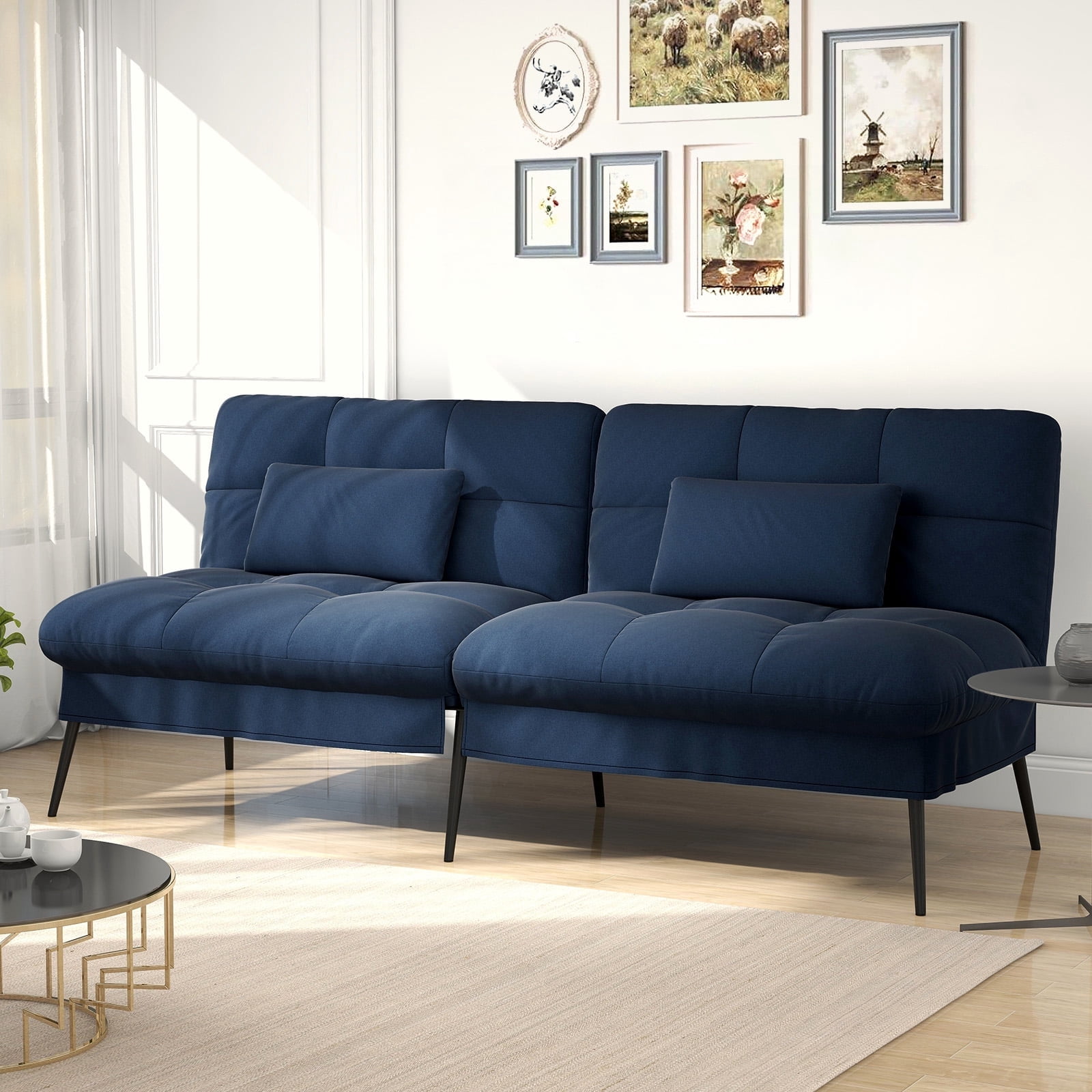 COMHOMA Convertible Futon Sofa Bed Upholstered Futon Couch Fabric Sleeper Sofa, Blue