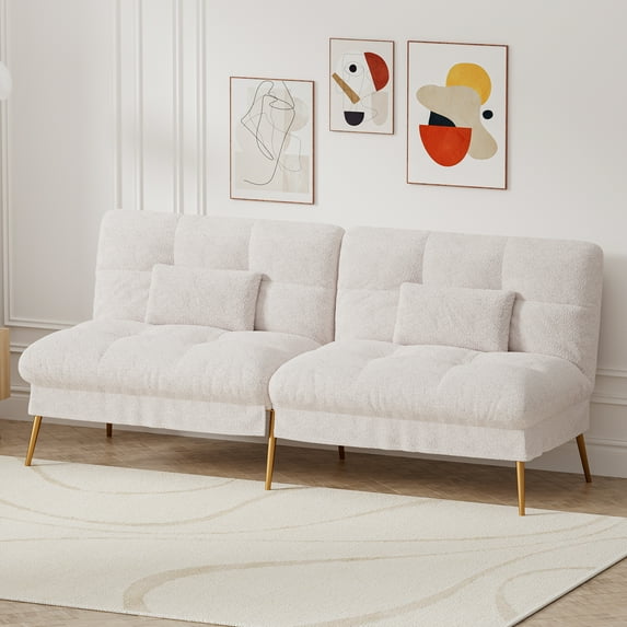 COMHOMA Convertible Futon Sofa Bed Upholstered Futon Couch Teddy Velvet Sleeper Sofa, White