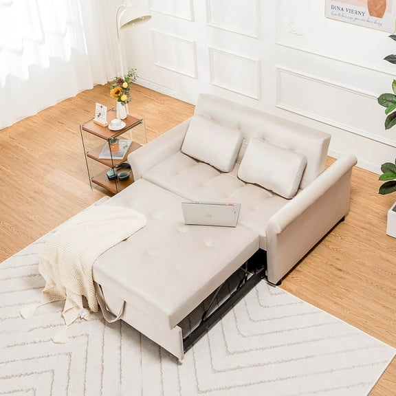 COMHOMA Convertible Sofa Bed 55'', 3-in-1 Sleeper Sofa with Pull-Out Bed, Futon Sofa with Reclining Backrest and 2 Pillows, Loveseat Sleeper Couche for Living Room, White