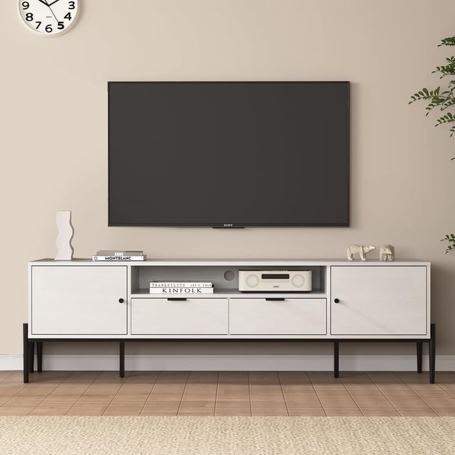 LUCKLIIFE 70" TV Stand with 2 Drawers & 2 Side Cabinets, for TVs up to 80", White