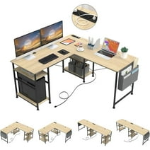 COMHOMA L Shaped Computer Desk 95.2" Gaming Desk with Power Outlet & USB Charging Port,Corner Computer Desk with Storage Shelves, Beige