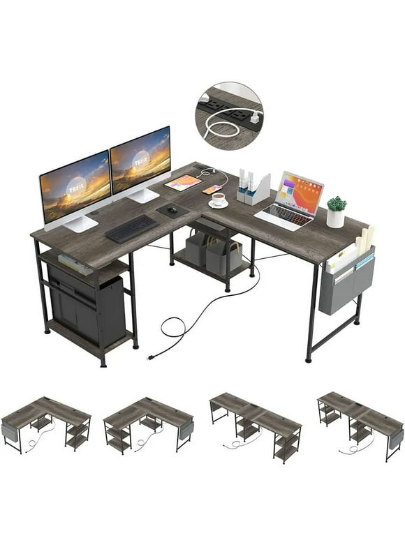 COMHOMA L Shaped Computer Desk 95.2" Gaming Desk with Power Outlet & USB Charging Port,Corner Reversible Computer Desk with Storage Shelves & LED Lights, Dark Grey