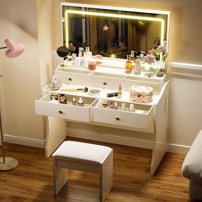 COMHOMA Makeup Vanity Desk with Mirror and Lights, Vanity Table and Chair Set with 5 Drawers and Charging Station, White