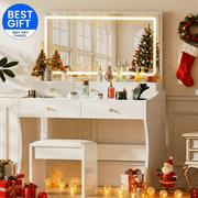 COMHOMA White Vanity Desk with Mirror and Lights, Vanity Table and Chair Set with 5 Drawers and Charging Station