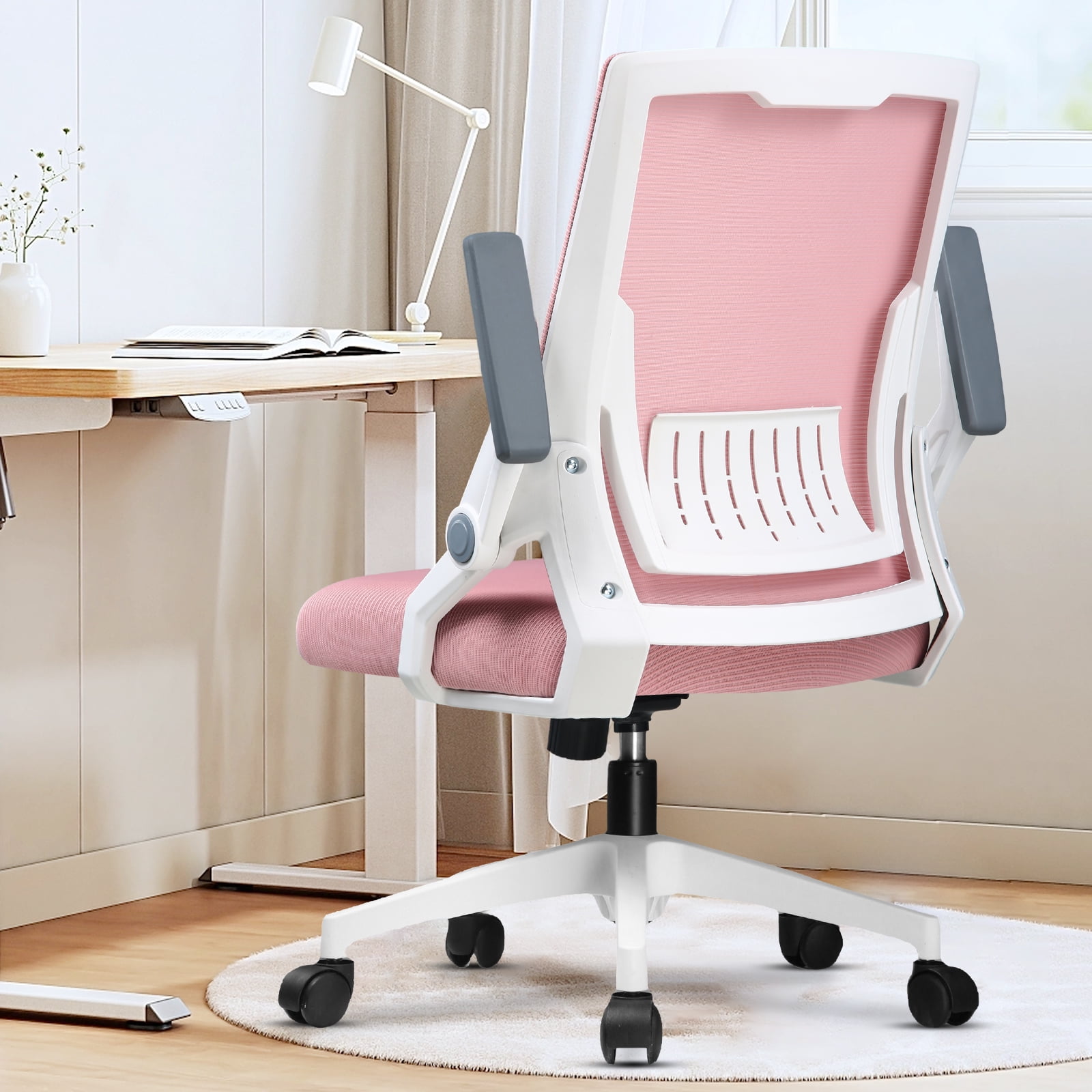 COMHOMA Mesh Office Chair with Flip Up Armrests Mid Back Computer Chair Pink Walmart Business Supplies