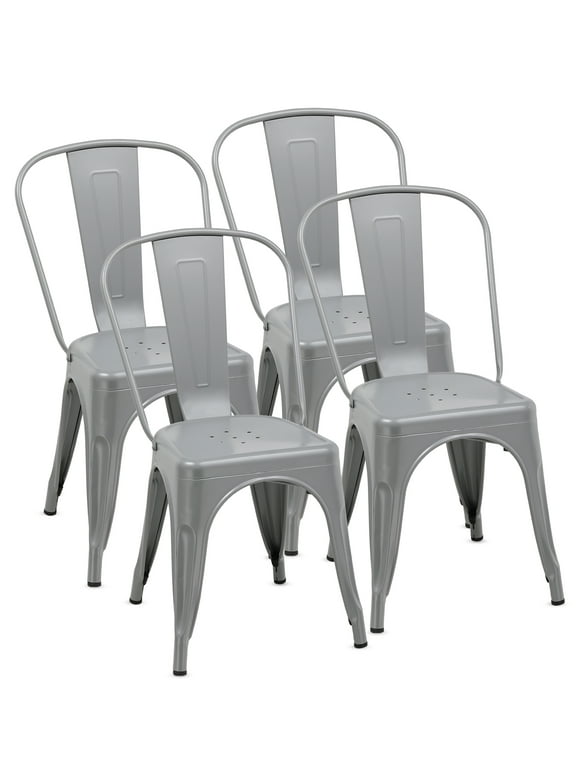 COMHOMA Metal Dining Chair Industrial Modern Iron Stackable Bistro Chair Set of 4, Grey