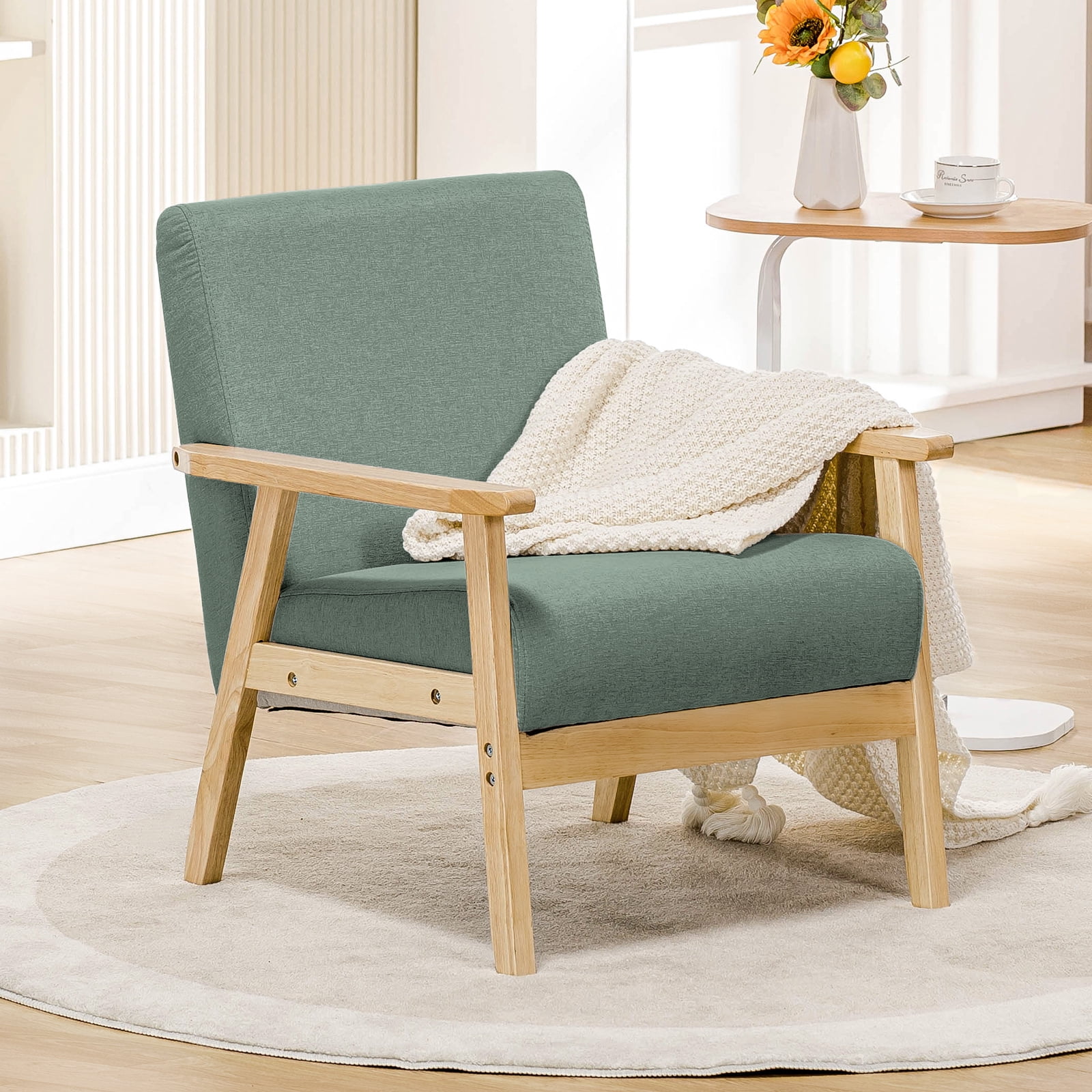 COMHOMA Mid Century Modern Accent Chair, Upholstered Armchair Chair with Solid Wood Armrests, Linen Fabric Single Sofa Living Room Chair for Bedroom, Green