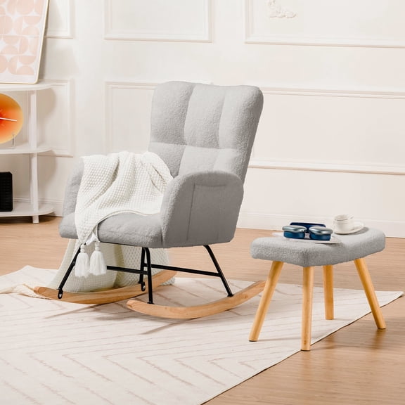 COMHOMA Nursery Rocking Chair with Ottoman, Teddy Glider Rocking Chair, Accent Chair with High Backrest Reading Chair for Adult, Nursery, Bedroom, Living Room, Offices,Gray