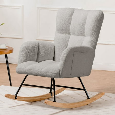COMHOMA Nursery Rocking Chair, Teddy Upholstered Glider Rocking Chair with Side Pockets, Accent Chair with High Backrest Reading Chair for Adult, Nursery, Bedroom, Living Room,Offices,Grey