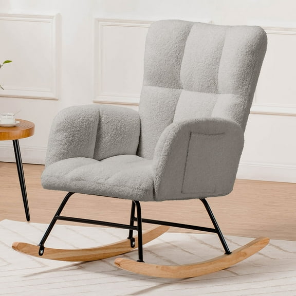 COMHOMA Nursery Rocking Chair, Teddy Upholstered Glider Rocking Chair with Side Pockets, Accent Chair with High Backrest Reading Chair for Adult, Nursery, Bedroom, Living Room,Offices,Grey