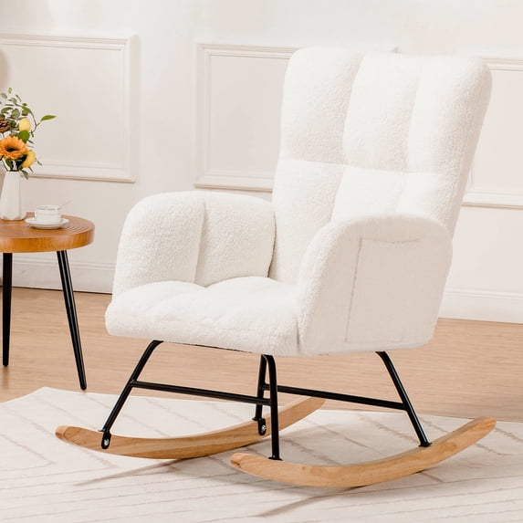 COMHOMA Nursery Rocking Chair, Teddy Upholstered Glider Rocking Chair with Side Pockets, Accent Chair with High Backrest Reading Chair for Adult, Nursery, Bedroom, Living Room,Offices,White
