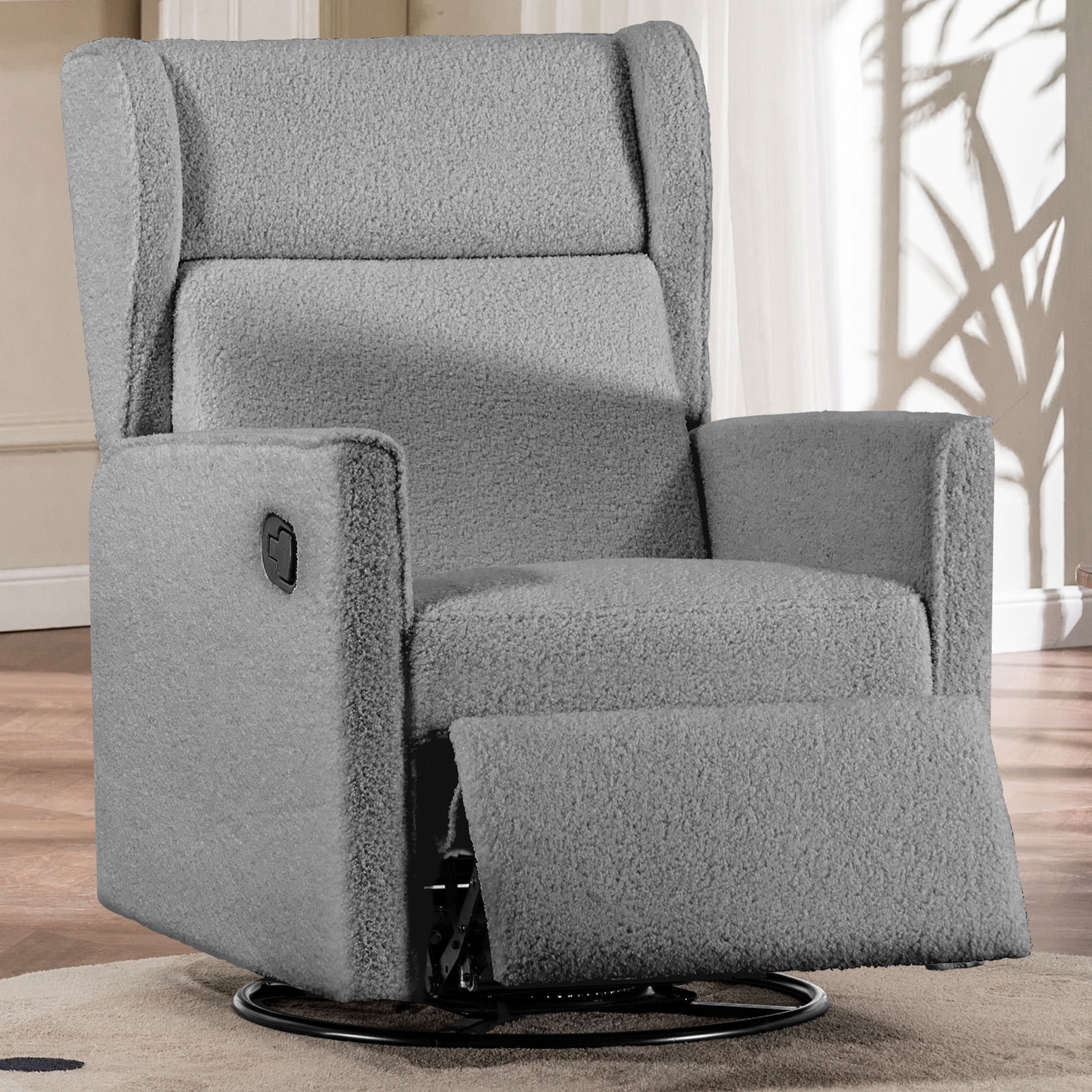 COMHOMA Nursery Rocking Chair Teddy Upholstered Swivel Rocker Recliner Manual Glider Reclining Chair for Living Room Bedroom Offices,Grey