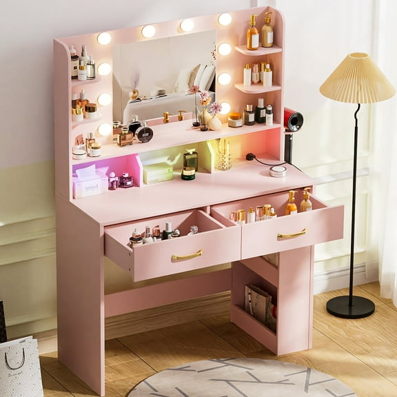 COMHOMA Pink Vanity Desk with Mirror and Lights, Hairdryer Holder, 5 Drawers, Bedroom Dresser Table for You
