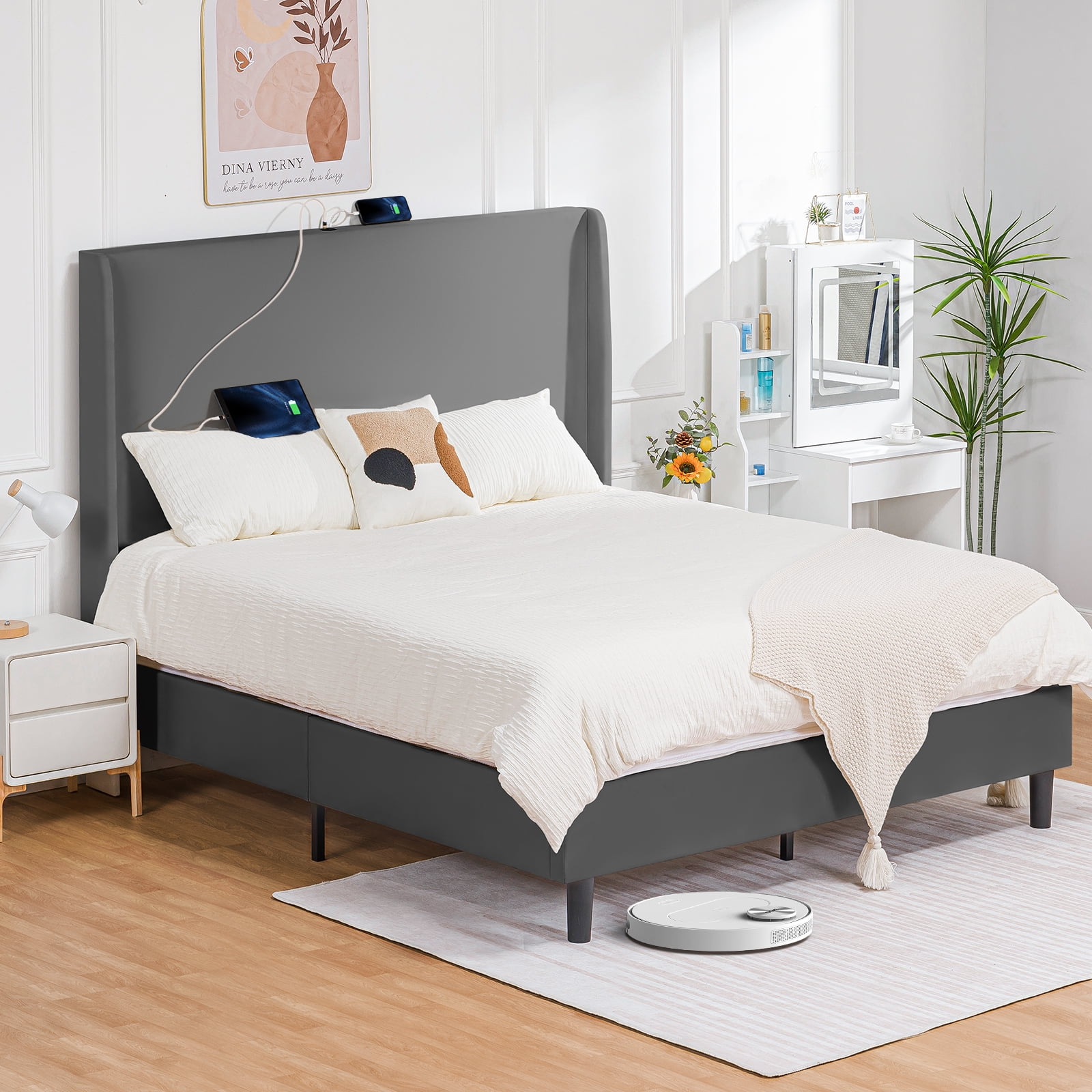 COMHOMA Queen Bed Frame with Type-C & USB, Upholstered Bed Frame with ...
