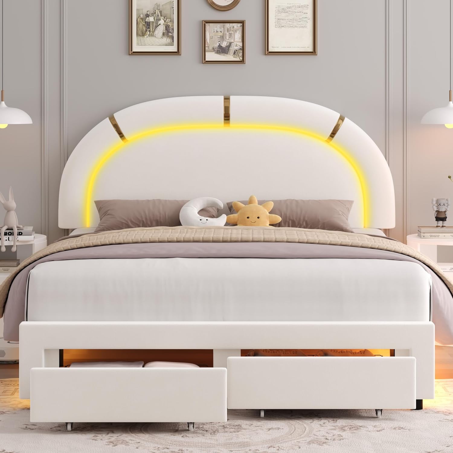 COMHOMA Queen Bed Frame with LED & 2 Storage Drawer, Modern Adjustable Headboard Faux Leather Upholstered Platform Bed, White