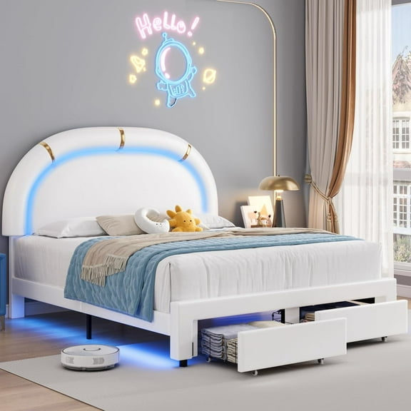 COMHOMA Queen Bed Frame with LED & 2 Storage Drawers, Modern Adjustable Headboard Faux Leather Upholstered Platform Bed, White