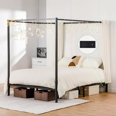 COMHOMA Queen Size Metal Canopy Bed Frame 14 inch Platform with Built-in Headboard,No Box Spring Needed, White
