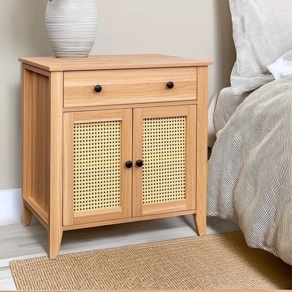 COMHOMA Rattan End Table and Storage Cabinet with Drawer and Shelves,, Accent Table for Living Room, Natural Oak