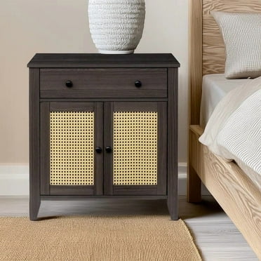 COMHOMA Rattan End Table and Storage Cabinet with Drawer and Shelves, Accent Table for Living Room, Walnut